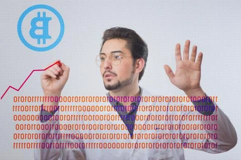 A pile of golden bitcoins on a solid backdrop Stock Photos