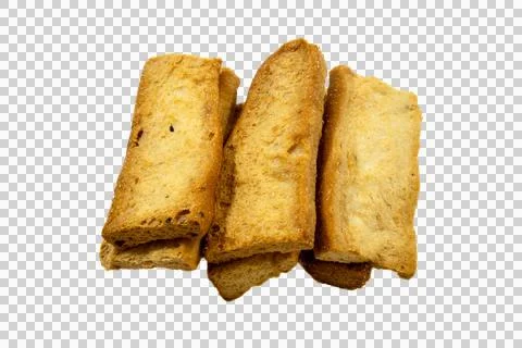 A pile of golden brown, rectangular toasted bread rusks with a porous, cris.. Stock Photos