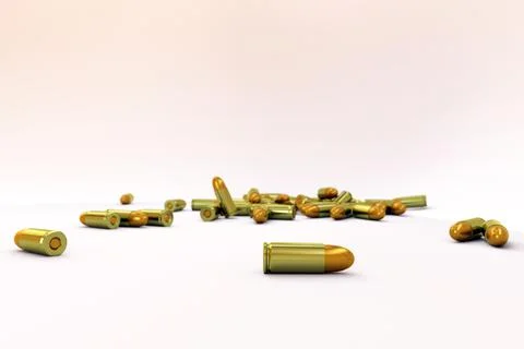 Pile of golden bullets is lying on a random on a white isolated background Illustrazione stock
