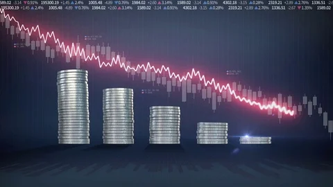 Pile up Golden coins and decrease red waveform line, expressed stock market, 库存影片 71707175