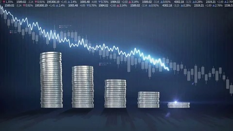 Pile up Golden coins and decrease blue waveform line, degradation stock 库存影片 72022760