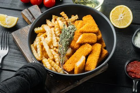 Pile of golden fried fish fingers with white garlic sauce, on frying iron pan Stock Photos