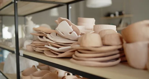 A pile of hand made ceramic dishes lying on a rack in a pottery workshop. Stock Footage 154356950