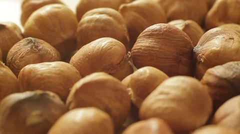 A pile of hazelnuts are rolling on a table. Close up. Macro shot. Video stock 62449566