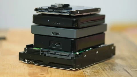 Pile of hdd memory storage devices over dark surface,tech components,usb,memory Stock Footage 154120351