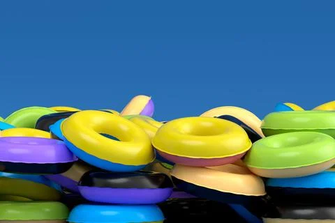 Pile of inflatable ring for swimming pool isolated on blue background 스톡 일러스트