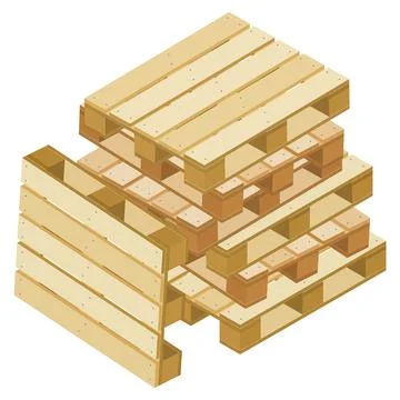 Pile of isometric pallets for packaging and transportation isolated on white. Illustrazione stock