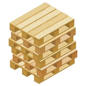 Pile of isometric pallets for packaging and transportation isolated on white. Stock Illustration