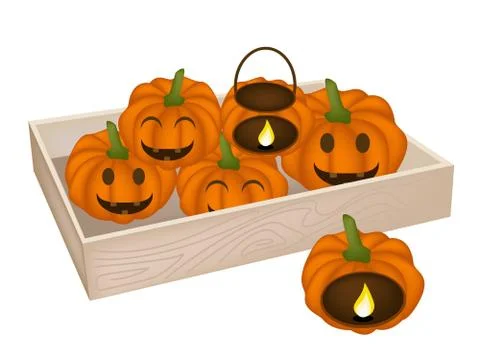 A Pile of Jack-o-Lantern Pumpkins in Wooden Box Stock Illustration