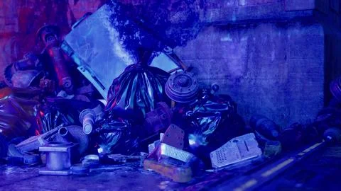 A pile of junk sitting next to a building Ilustración de archivo