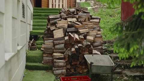 Pile of logs and cut timber for firewood use for fireplace ready for cold winter Stock Footage 284386871