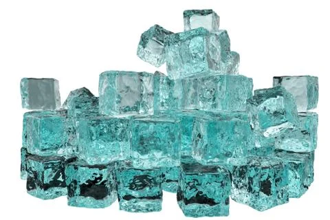 Pile of many blue ice cubes isolated on a white table Illustrazione stock