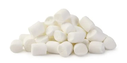 Pile of mini marshmallows close-up on a white background. Isolated Stock Photos