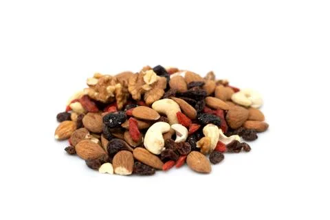 Pile of mixed fruit and nuts on a white background Stock Photos