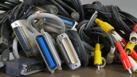Pile of old cables / cords with assorted connectors. Stock Footage 160667736