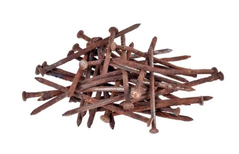 A pile of old nails on a white background Stock Photos
