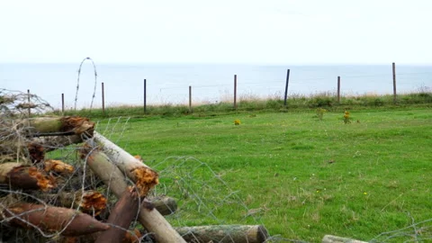 Pile of old posts and barbed wire fence on sea coast hill edge Видео 247977894