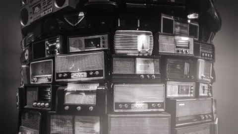 Pile of Old Radios Retro Technology Flickering Lights Stock Footage 153047056