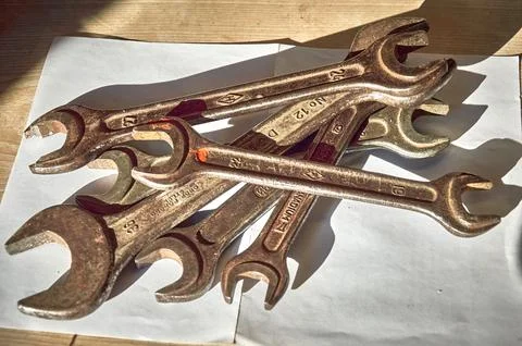 A pile of old rusty wrenches Stock Photos