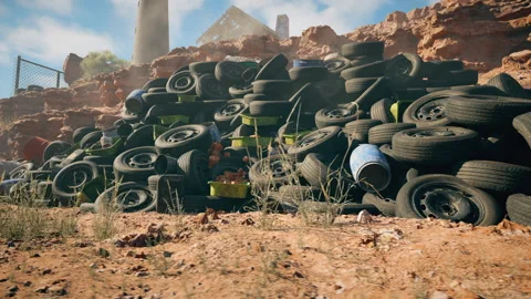 Pile of old tires with a lighthouse in the background. Vídeos de archivo 318321795