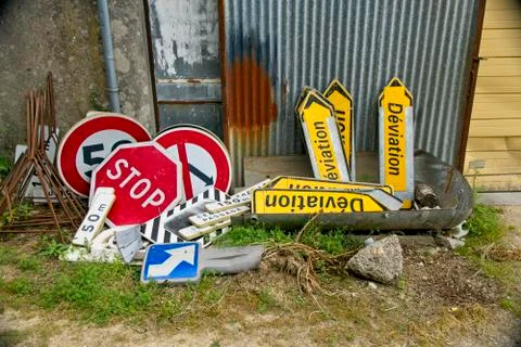 Pile of old traffic signs in France Stock Photos