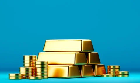 Pile or stack of gold bars and coins on blue background Stock Illustration