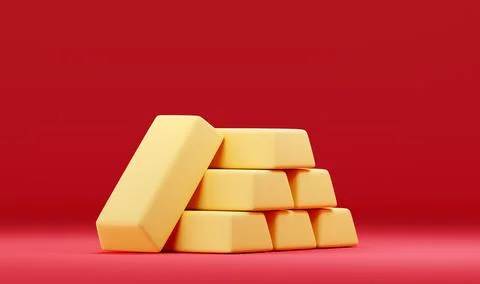 Pile or stack of gold bars on red background Stock Illustration