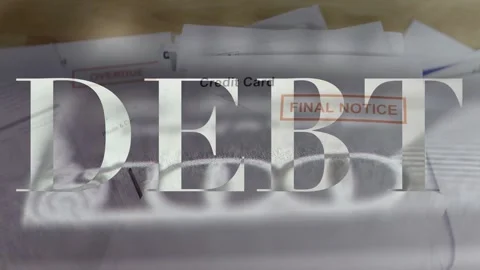 Pile of Overdue Bills and Final Notices with DEBT Text Overlay Stock Footage 336478686