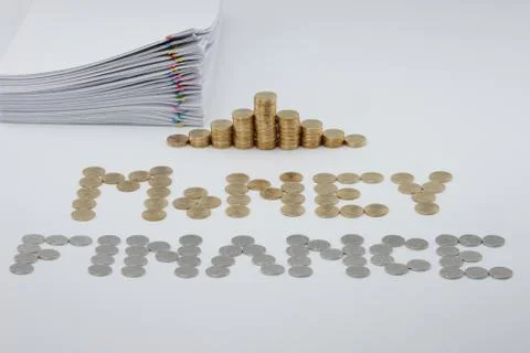 Pile overload document and step pile of gold coins Stock Photos