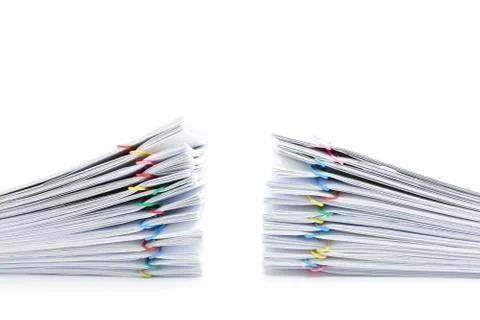 Pile overload paperwork two sets on white background Stockfoto's