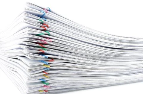 Pile overload paperwork on white background Stockfoto's
