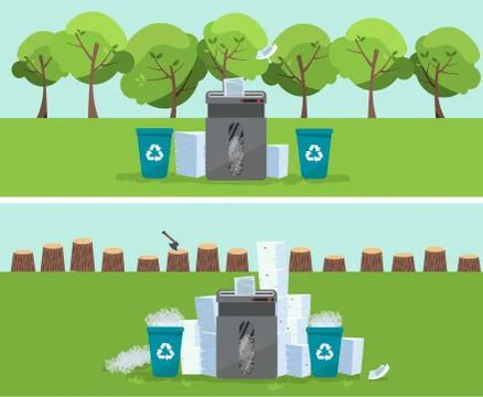 A pile of paper and documents stands above big floor shredder in front on gre Stock Illustration