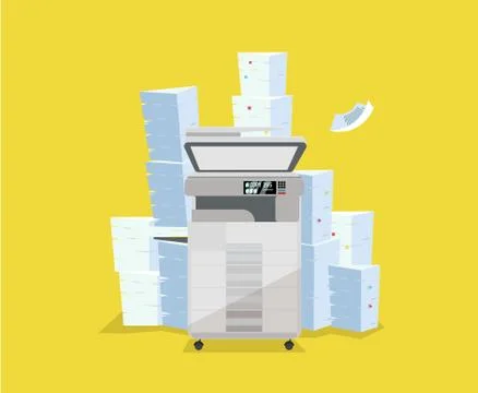 A pile of paper and documents stands above multifunction printer scanner. The Stock Illustration