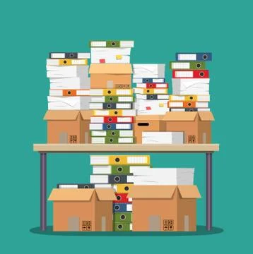 Pile of paper documents and file folders on table Illustrazione stock