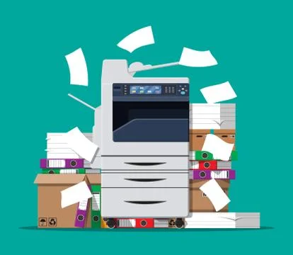 Pile of paper documents and printer Stockillustratie