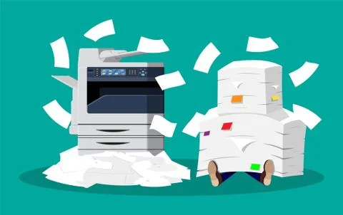Pile of paper documents and printer Stockillustratie