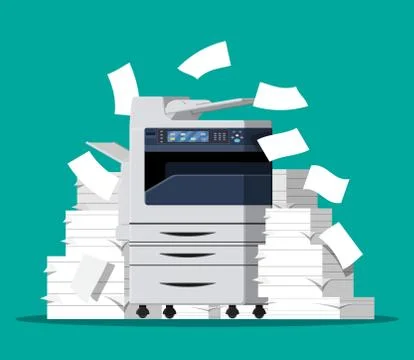 Pile of paper documents and printer Stock Illustration