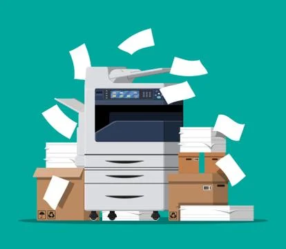 Pile of paper documents and printer Stockillustratie