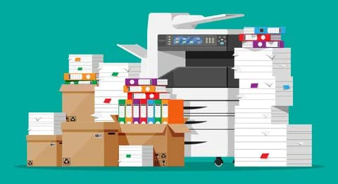 Pile of paper documents and printer Stockillustratie