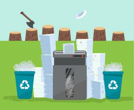 A pile of papers and documents stands above big floor shredder in front of ma Stock Illustration