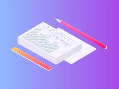 Pile of Papers Documents with Pencil and Ruler Set Stock Illustration