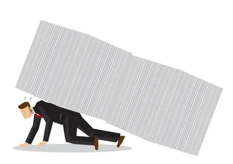 Pile of papers or documents falling on top of a businessman. Metaphor of work Illustrazione stock