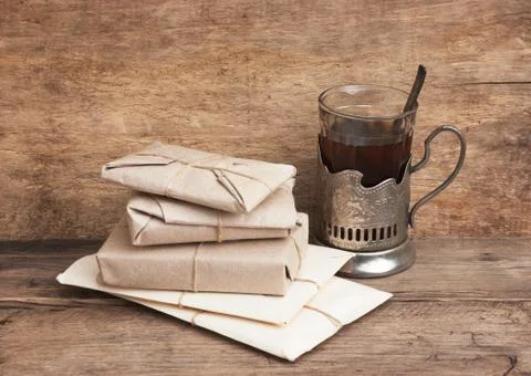 Pile parcel wrapped Stock Photos