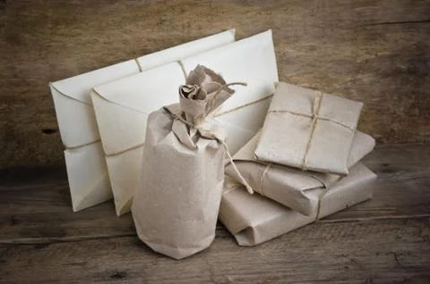 Pile parcel wrapped Foto stock