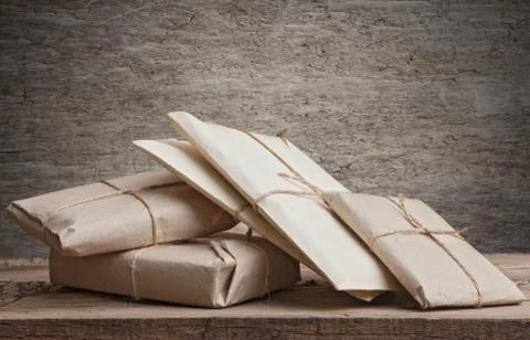 Pile parcels wrapped Foto stock