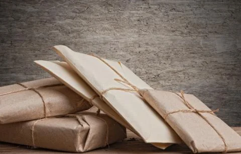 Pile parcels wrapped Foto stock