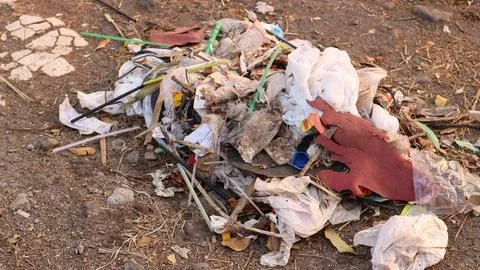 Pile of plastic garbage waste on the floor Stock Photos