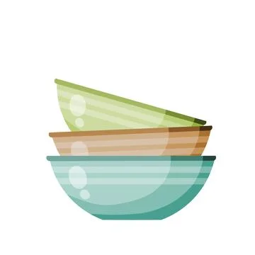 Pile of plates. Stack of kitchen utensils. Clay bowls. Illustrazione stock