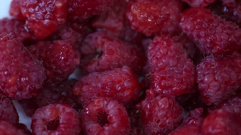 Pile Of Raspberries. Rotation Raw Raspberry Top View. Red Organic Raspberries Fo Stock Footage 207085231