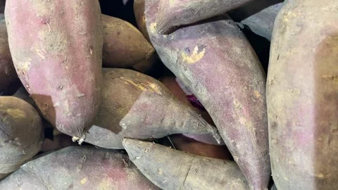 Pile of raw sweet potatoes creating a rustic edible background Stock Footage 344419270